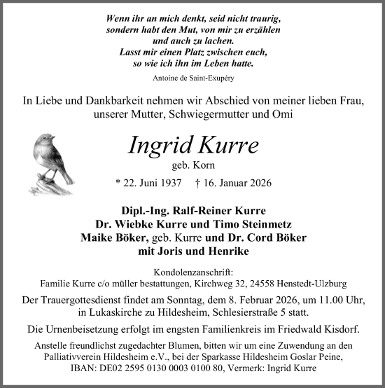 Traueranzeige von Ingrid Kurre von Hildesheimer Allgemeine Zeitung