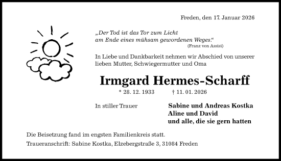Traueranzeige von Irmgard Hermes-Scharff von Hildesheimer Allgemeine Zeitung