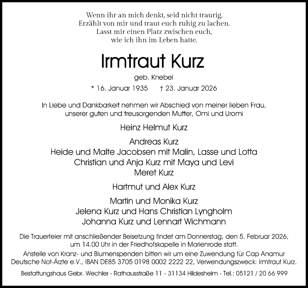  Traueranzeige für Irmtraut Kurz vom 31.01.2026 aus Hildesheimer Allgemeine Zeitung