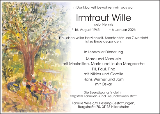 Traueranzeige von Irmtraut Wille von Hildesheimer Allgemeine Zeitung