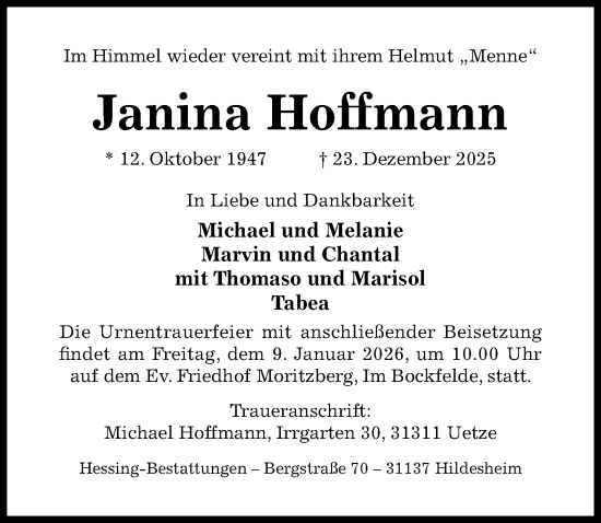 Traueranzeige von Janina Hoffmann von Hildesheimer Allgemeine Zeitung
