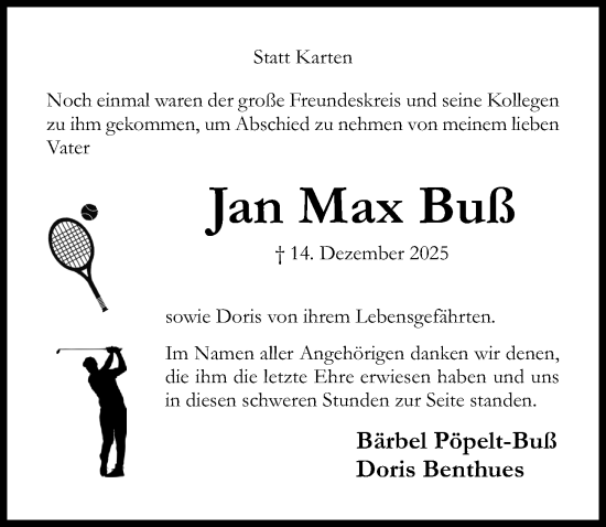 Traueranzeige von Jan Max Buß von Hildesheimer Allgemeine Zeitung