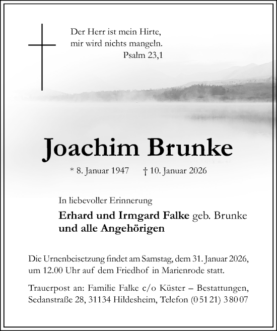Traueranzeige von Joachim Brunke von Hildesheimer Allgemeine Zeitung