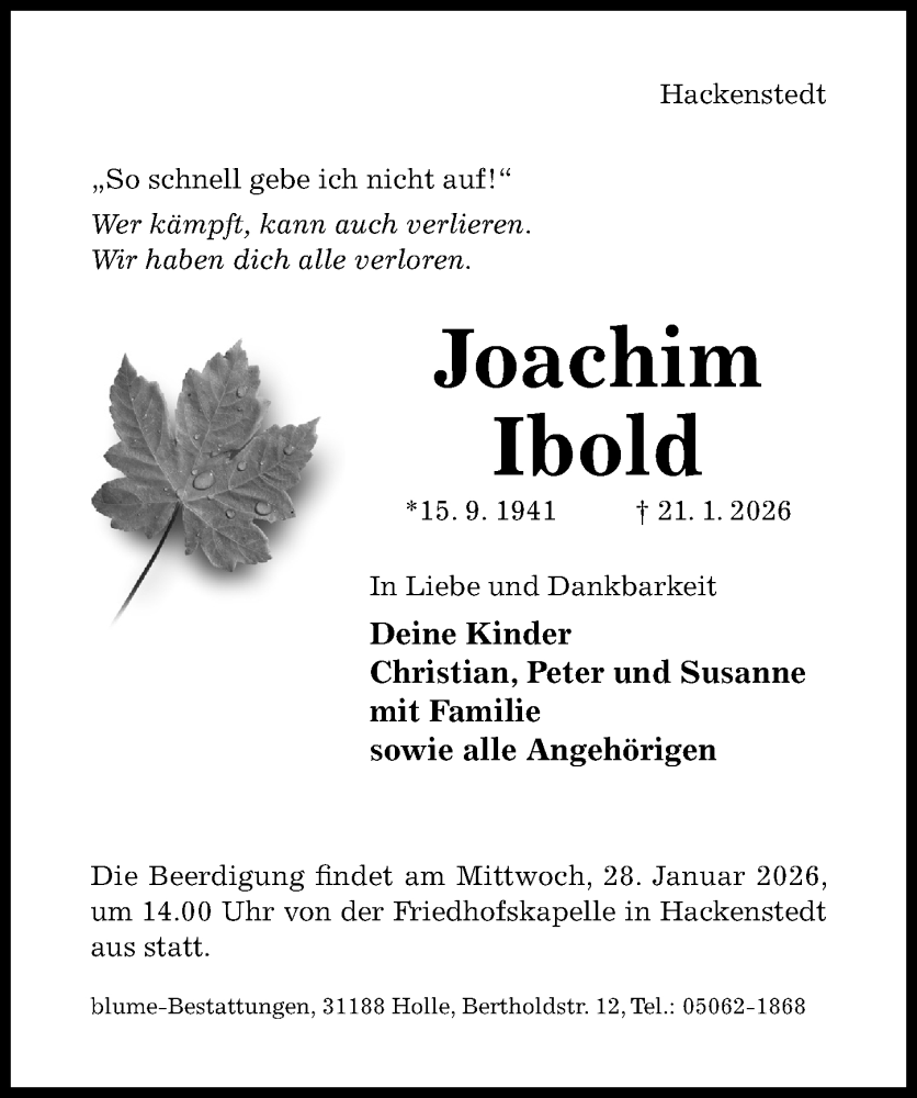  Traueranzeige für Joachim Ibold vom 24.01.2026 aus Hildesheimer Allgemeine Zeitung