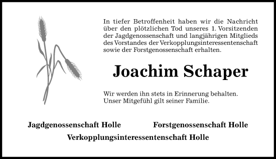 Traueranzeige von Joachim Schaper von Hildesheimer Allgemeine Zeitung