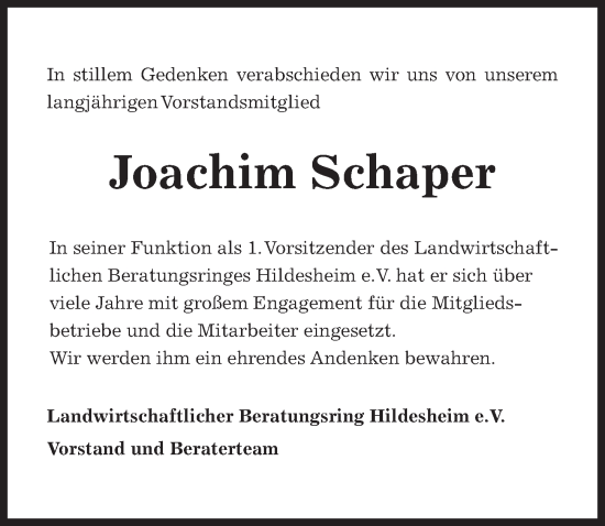 Traueranzeige von Joachim Schaper von Hildesheimer Allgemeine Zeitung