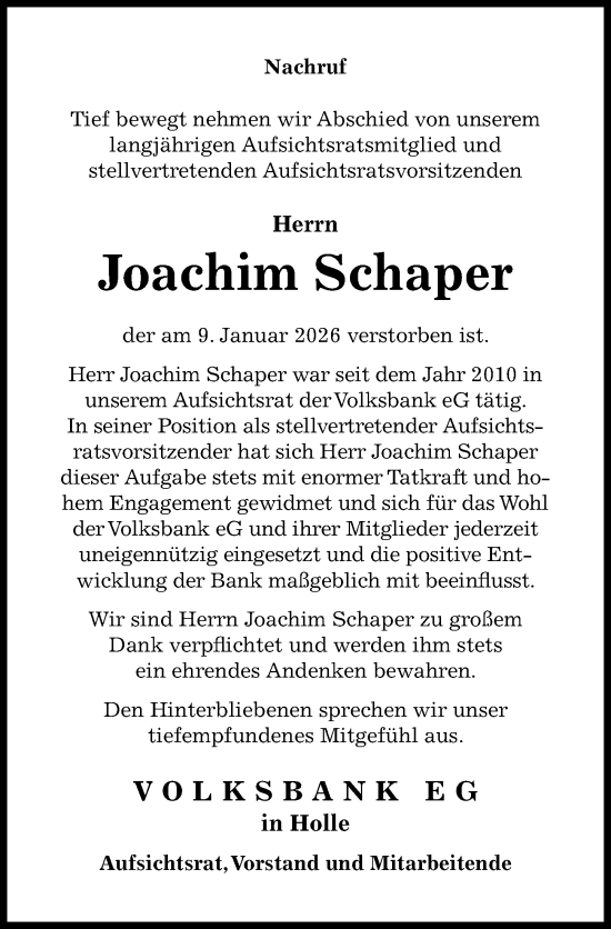 Traueranzeige von Joachim Schaper von Hildesheimer Allgemeine Zeitung