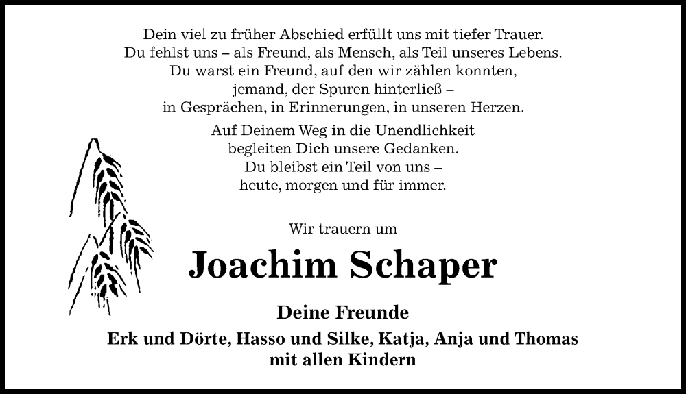 Traueranzeige für Joachim Schaper vom 17.01.2026 aus Hildesheimer Allgemeine Zeitung
