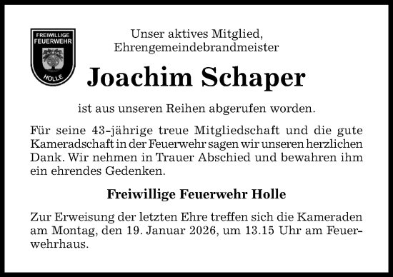 Traueranzeige von Joachim Schaper von Hildesheimer Allgemeine Zeitung