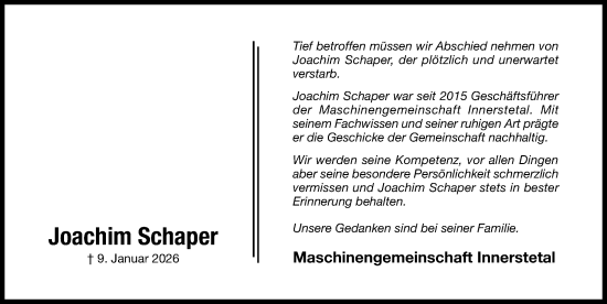 Traueranzeige von Joachim Schaper von Hildesheimer Allgemeine Zeitung