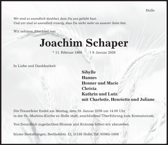 Traueranzeige von Joachim Schaper von Hildesheimer Allgemeine Zeitung