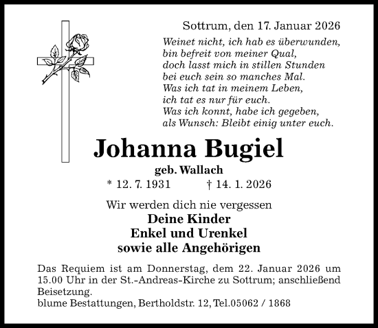 Traueranzeige von Johanna Bugiel von Hildesheimer Allgemeine Zeitung