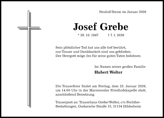 Traueranzeige von Josef Grebe von Hildesheimer Allgemeine Zeitung