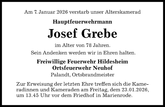 Traueranzeige von Josef Grebe von Hildesheimer Allgemeine Zeitung