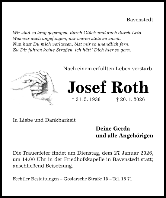 Traueranzeige von Josef Roth von Hildesheimer Allgemeine Zeitung