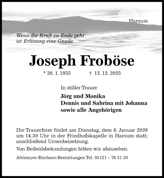 Traueranzeige von Joseph Froböse von Hildesheimer Allgemeine Zeitung