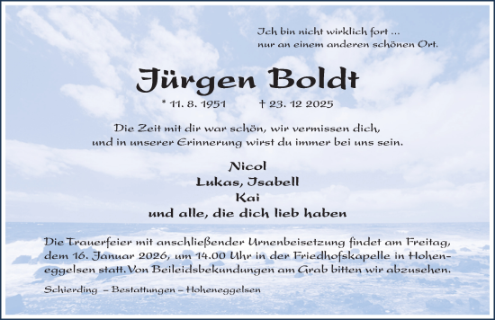 Traueranzeige von Jürgen Boldt von Hildesheimer Allgemeine Zeitung