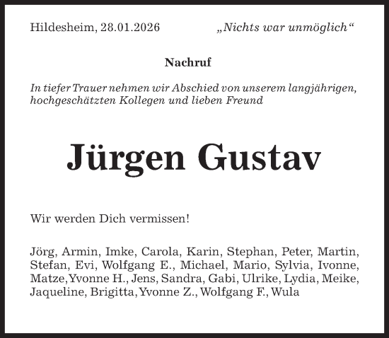 Traueranzeige von Jürgen Gustav von Hildesheimer Allgemeine Zeitung