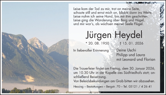 Traueranzeige von Jürgen Heydel von Hildesheimer Allgemeine Zeitung