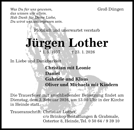 Traueranzeige von Jürgen Lother von Hildesheimer Allgemeine Zeitung