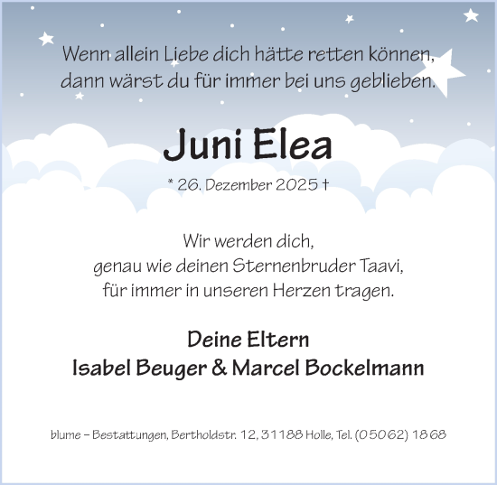 Traueranzeige von Juni Elea  von Hildesheimer Allgemeine Zeitung