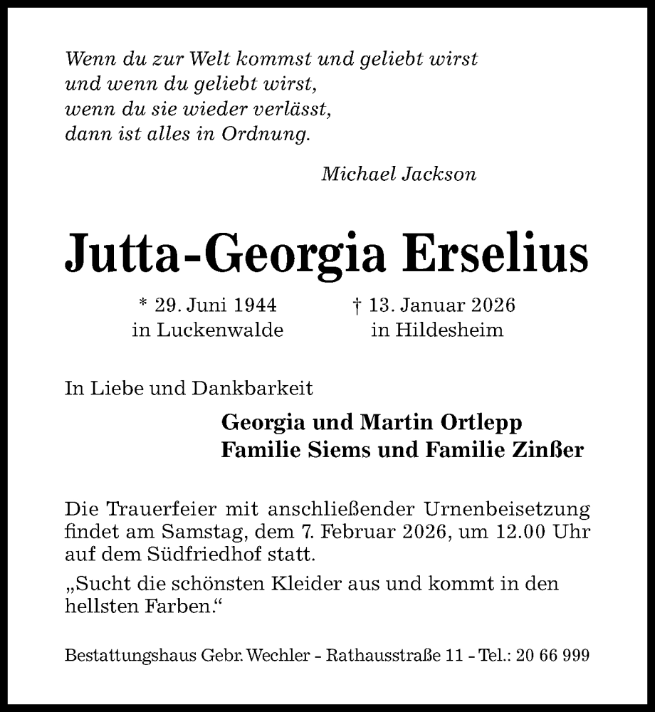  Traueranzeige für Jutta-Georgia Erselius vom 28.01.2026 aus Hildesheimer Allgemeine Zeitung