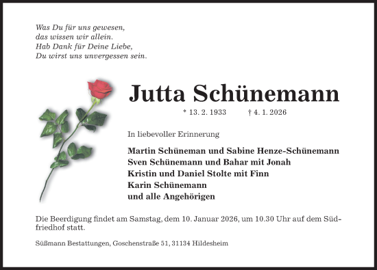 Traueranzeige von Jutta Schünemann von Hildesheimer Allgemeine Zeitung