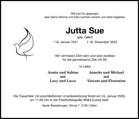 Traueranzeige von Jutta Sue Sue von Hildesheimer Allgemeine Zeitung
