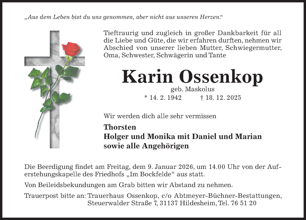  Traueranzeige für Karin Ossenkop vom 03.01.2026 aus Hildesheimer Allgemeine Zeitung