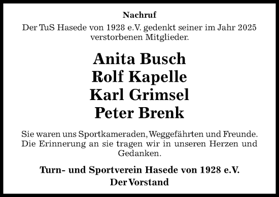Traueranzeige von Karl Grimsel von Hildesheimer Allgemeine Zeitung