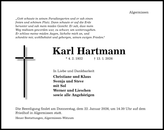 Traueranzeige von Karl Hartmann von Hildesheimer Allgemeine Zeitung