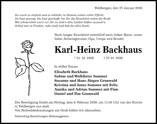 Traueranzeige von Karl-Heinz Backhaus von Hildesheimer Allgemeine Zeitung
