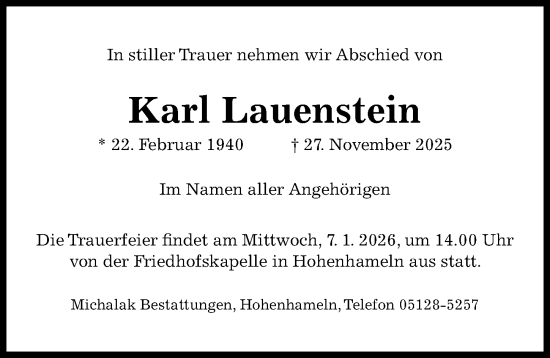Traueranzeige von Karl Lauenstein von Hildesheimer Allgemeine Zeitung
