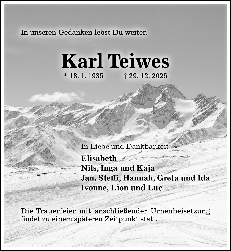  Traueranzeige für Karl Teiwes vom 21.01.2026 aus Hildesheimer Allgemeine Zeitung