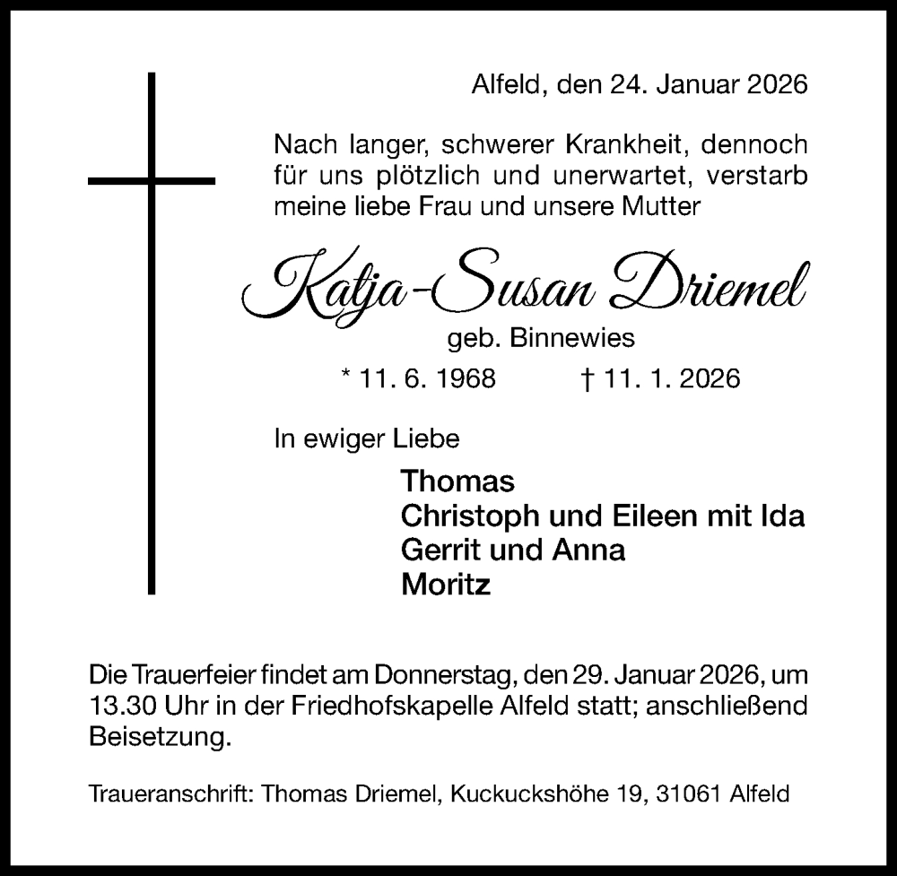  Traueranzeige für Katja-Susan Driemel vom 24.01.2026 aus Hildesheimer Allgemeine Zeitung