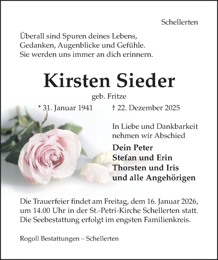  Traueranzeige für Kirsten Sieder vom 07.01.2026 aus Hildesheimer Allgemeine Zeitung