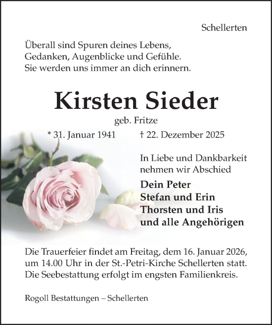 Traueranzeige von Kirsten Sieder von Hildesheimer Allgemeine Zeitung