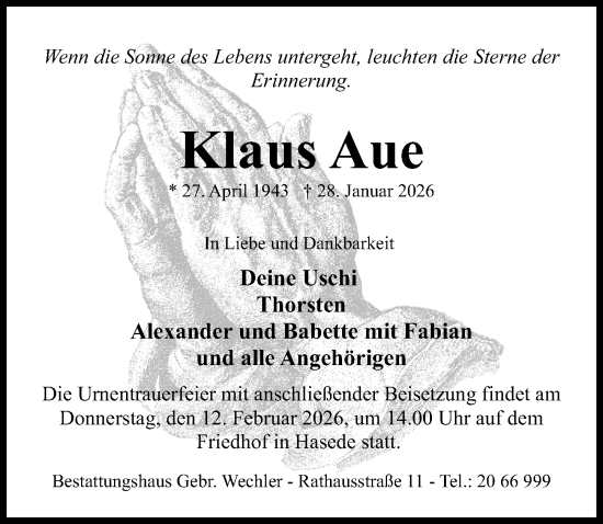 Traueranzeige von Klaus Aue von Hildesheimer Allgemeine Zeitung