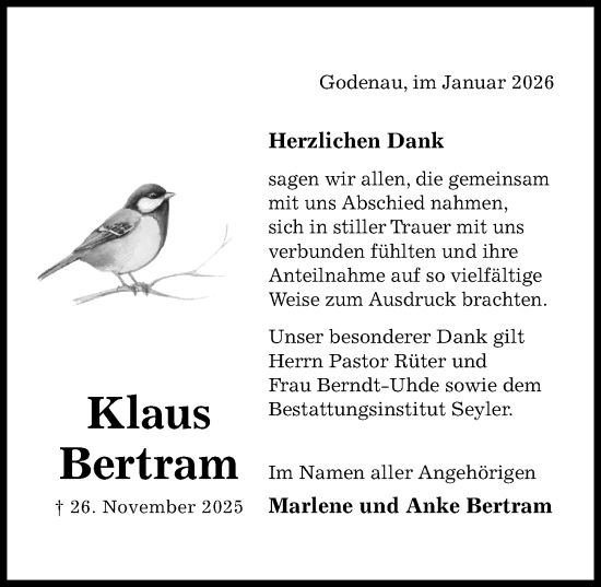 Traueranzeige von Klaus Bertram von Hildesheimer Allgemeine Zeitung