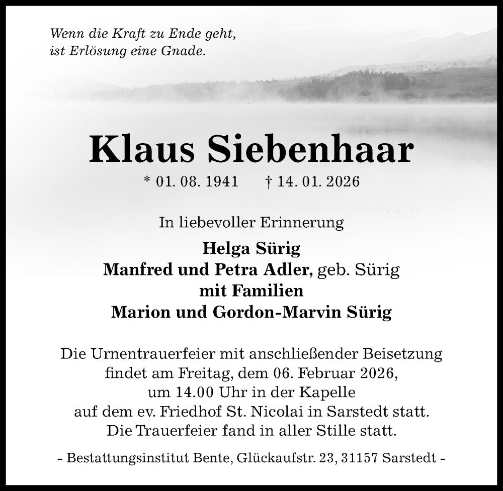  Traueranzeige für Klaus Siebenhaar vom 24.01.2026 aus Hildesheimer Allgemeine Zeitung
