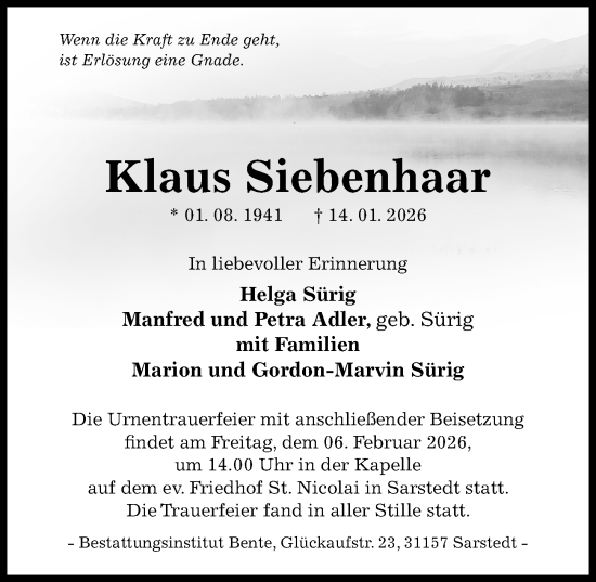 Traueranzeige von Klaus Siebenhaar von Hildesheimer Allgemeine Zeitung