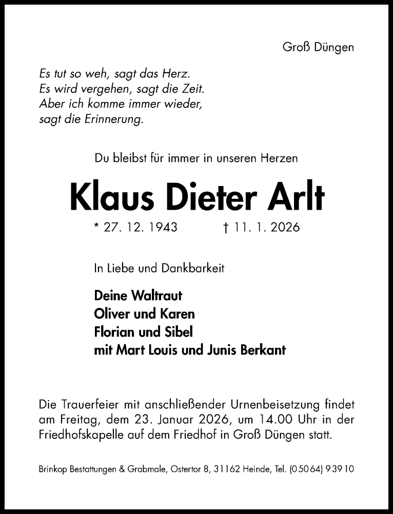  Traueranzeige für Klaus Dieter Arlt vom 17.01.2026 aus Hildesheimer Allgemeine Zeitung