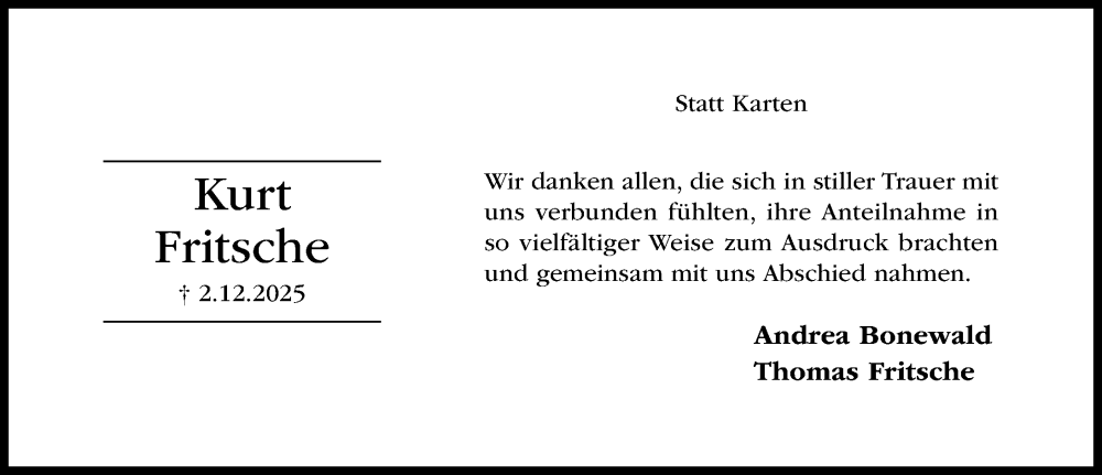  Traueranzeige für Kurt Fritsche vom 24.01.2026 aus Hildesheimer Allgemeine Zeitung