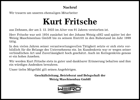 Traueranzeige von Kurt Fritsche von Hildesheimer Allgemeine Zeitung