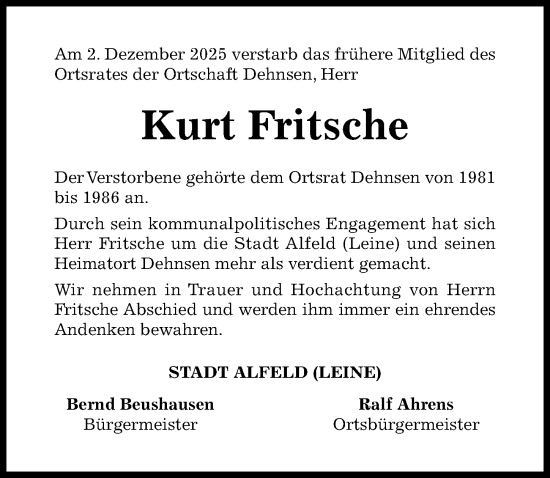 Traueranzeige von Kurt Fritsche von Hildesheimer Allgemeine Zeitung