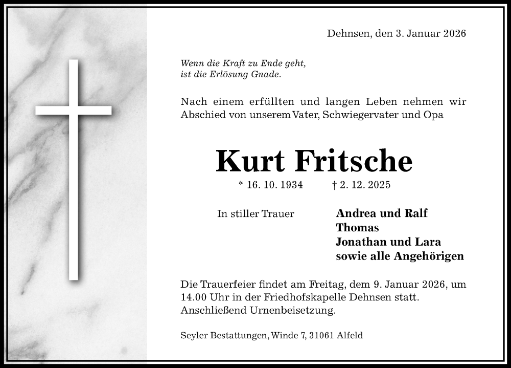  Traueranzeige für Kurt Fritsche vom 03.01.2026 aus Hildesheimer Allgemeine Zeitung