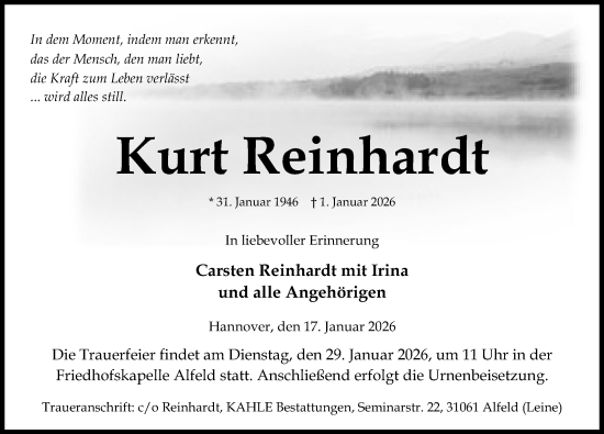 Traueranzeige von Kurt Reinhardt von Hildesheimer Allgemeine Zeitung