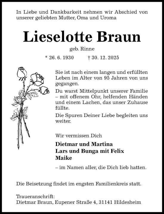 Traueranzeige von Lieselotte Braun von Hildesheimer Allgemeine Zeitung