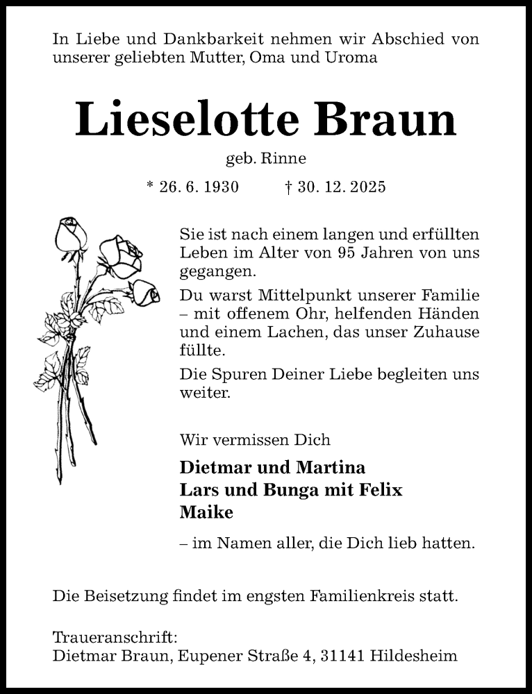  Traueranzeige für Lieselotte Braun vom 07.01.2026 aus Hildesheimer Allgemeine Zeitung
