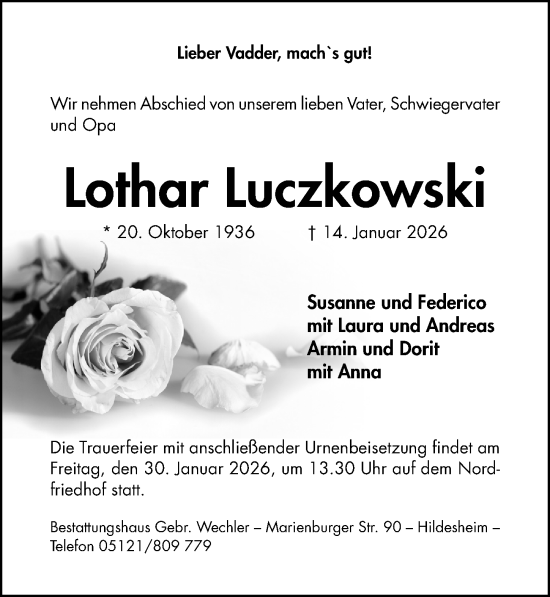 Traueranzeige von Lothar Luczkowski von Hildesheimer Allgemeine Zeitung